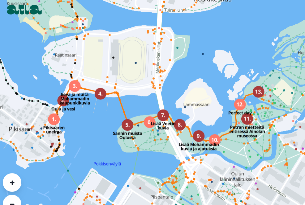 Kuvakaappaus kartasta, jossa Pikisaaresta kulkee oranssi reitti Ainolan puistoon. Reitillä numeroituja pisteitä.